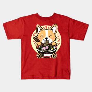 Corgi Eating Ramen Cute Kawaii Noodles Kids T-Shirt